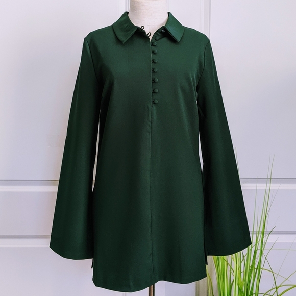 Romeo + Juliet Tunic Collared Wide Long Sleeve Split Cuffs Emerald Green M NWT - Picture 2 of 8